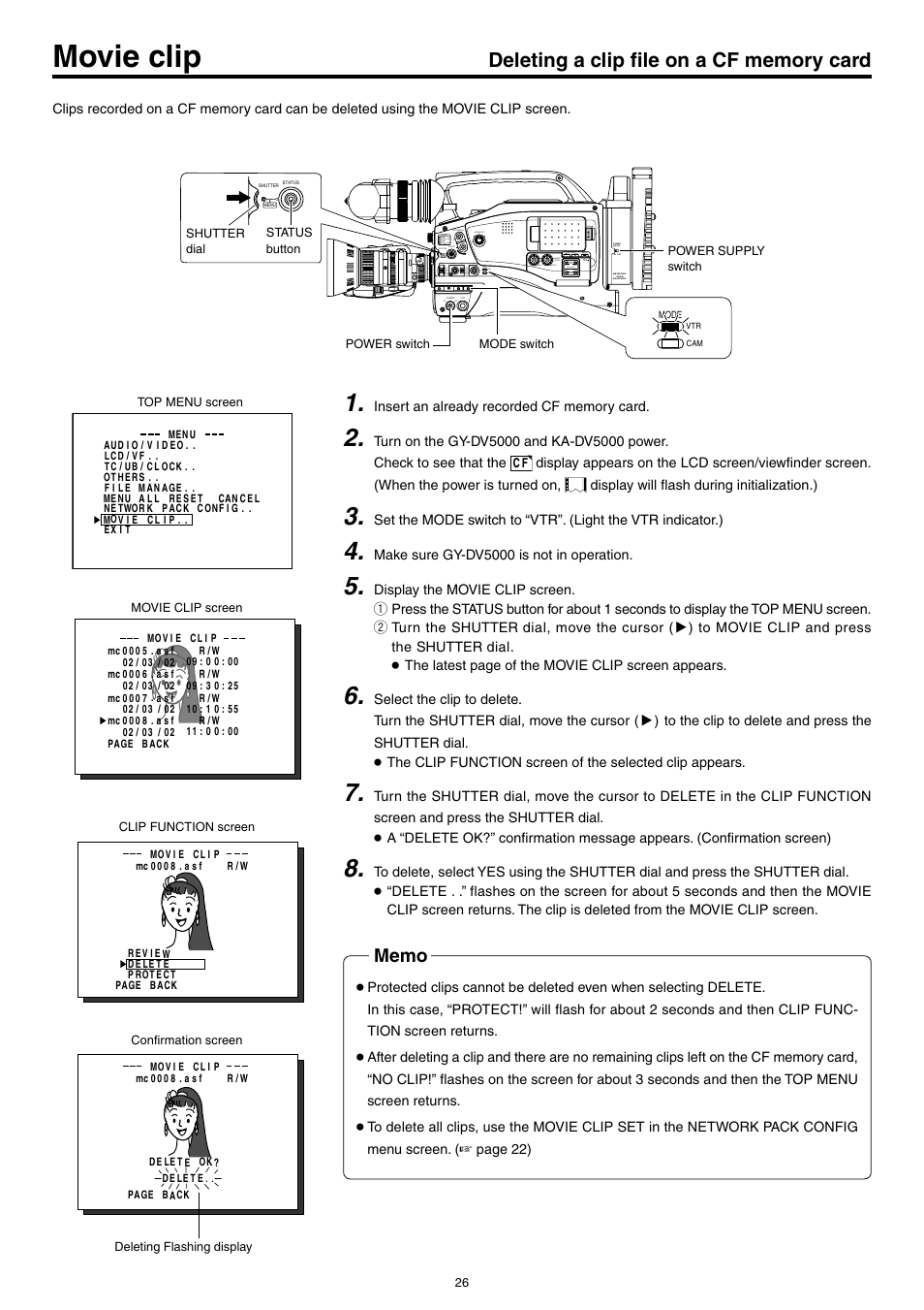Deleting a clip file on a cf memory card, Movie clip | JVC KA-DV5000 User Manual | Page 26 / 52