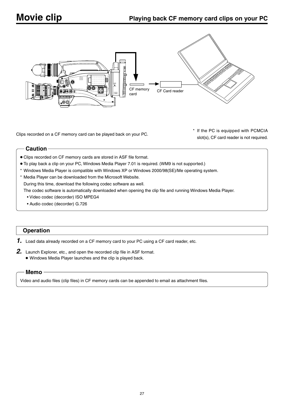 Playing back cf memory card clips on your pc, Movie clip, Caution | Operation | JVC KA-DV5000 User Manual | Page 27 / 52
