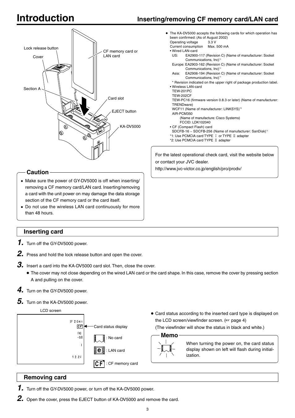 Introduction, Inserting/removing cf memory card/lan card, Ec f | Caution, Inserting card, Removing card | JVC KA-DV5000 User Manual | Page 3 / 52