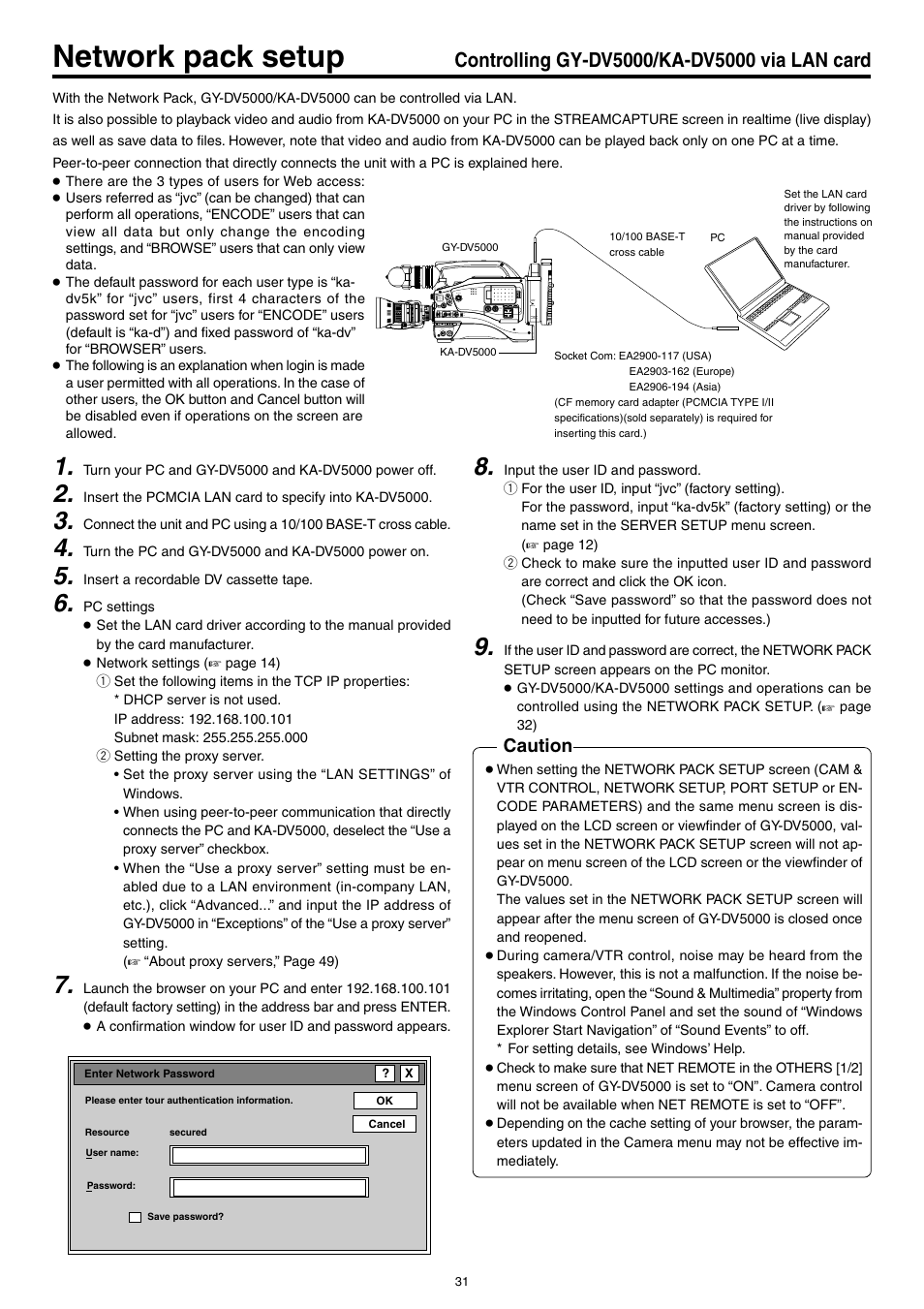 Network pack setup, Controlling gy-dv5000/ka-dv5000 via lan a card, Caution | JVC KA-DV5000 User Manual | Page 31 / 52