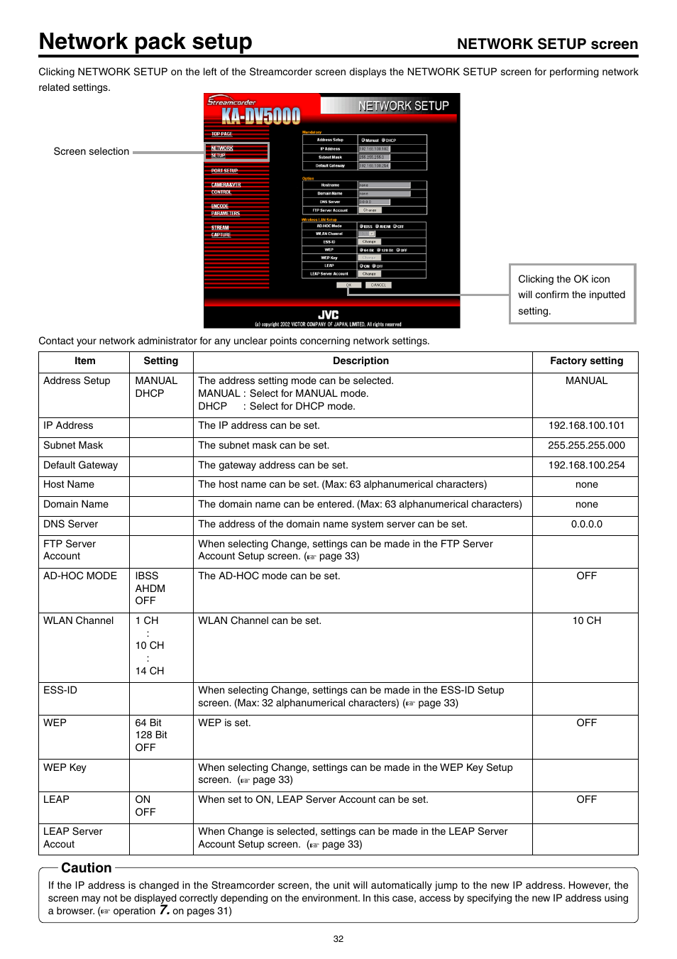 Network setup screen, Network pack setup, Caution | JVC KA-DV5000 User Manual | Page 32 / 52
