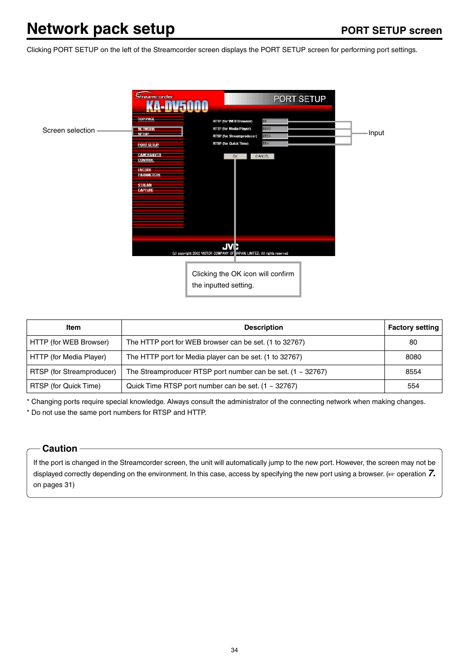 Port setup screen, Network pack setup, Caution | JVC KA-DV5000 User Manual | Page 34 / 52