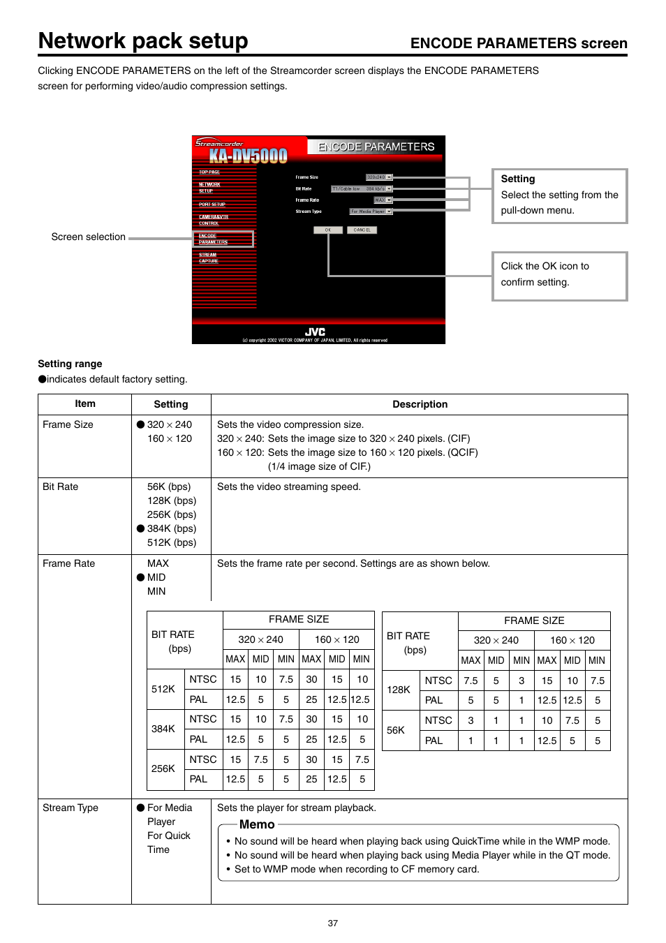 Encode parameters screen, Network pack setup | JVC KA-DV5000 User Manual | Page 37 / 52