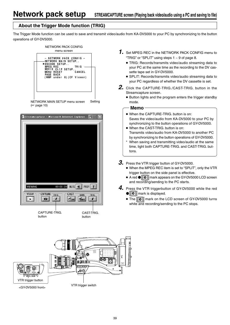 Over, Network pack setup, About the trigger mode function (trig) | JVC KA-DV5000 User Manual | Page 39 / 52