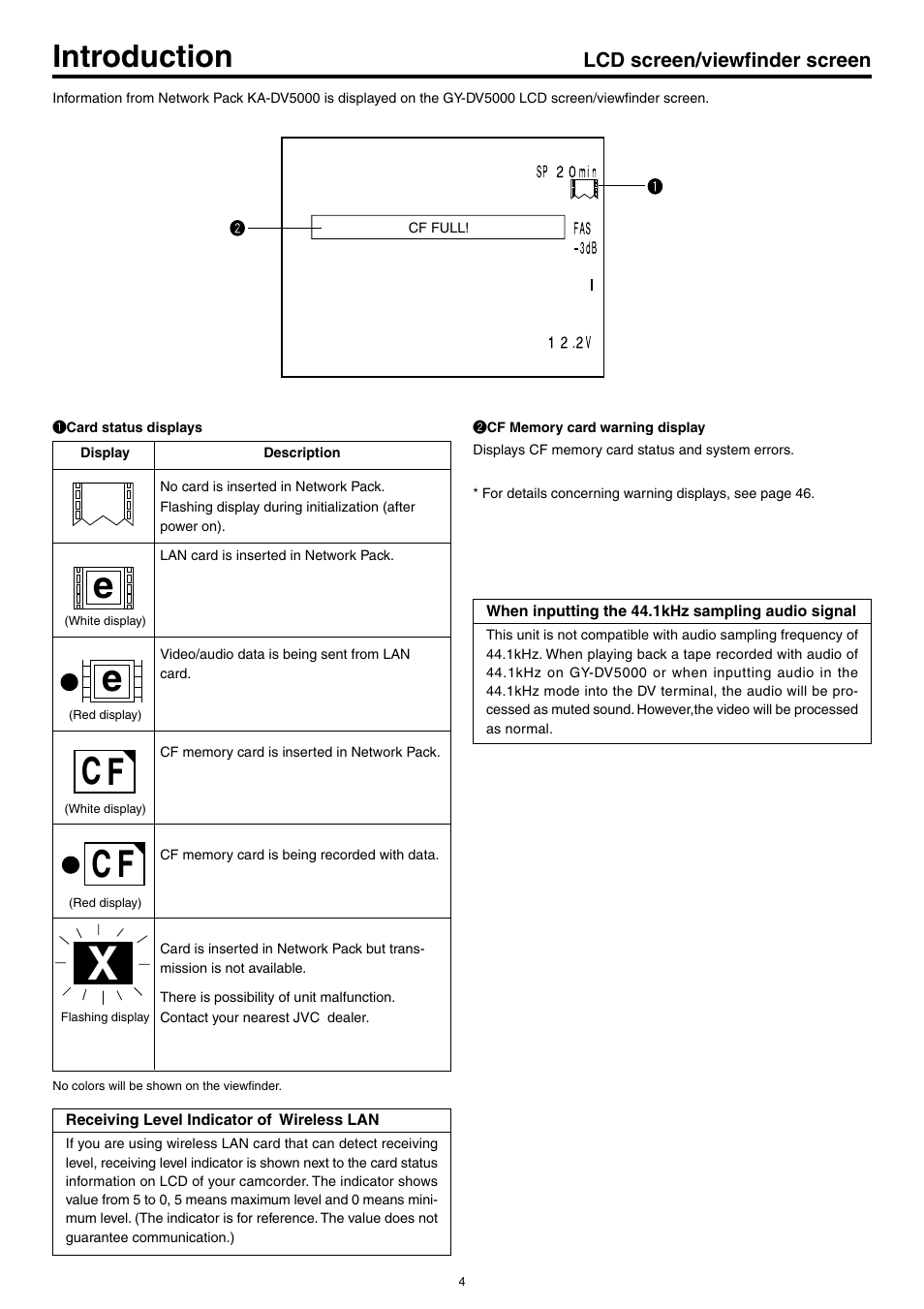 Lcd screen/viewfinder screen, When inputting the 44.1khz sampling audio signal, Ec f c f | Introduction | JVC KA-DV5000 User Manual | Page 4 / 52