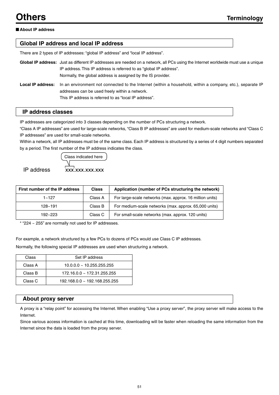 Others, Terminology, Global ip address and local ip address | Ip address classes, Ip address xxx.xxx.xxx.xxx, About proxy server | JVC KA-DV5000 User Manual | Page 51 / 52
