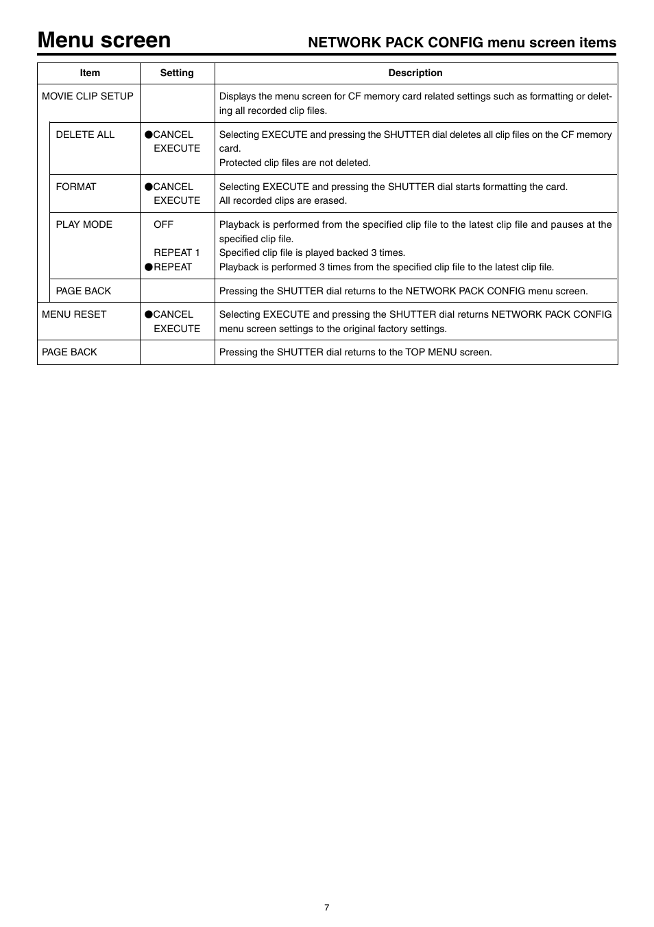 Menu screen, Network pack config menu screen items | JVC KA-DV5000 User Manual | Page 7 / 52