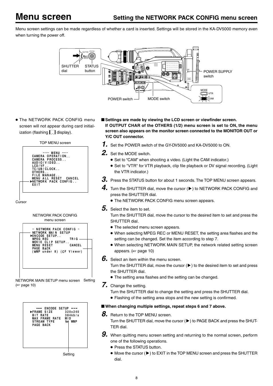 Setting the network pack config menu screen, Menu screen | JVC KA-DV5000 User Manual | Page 8 / 52