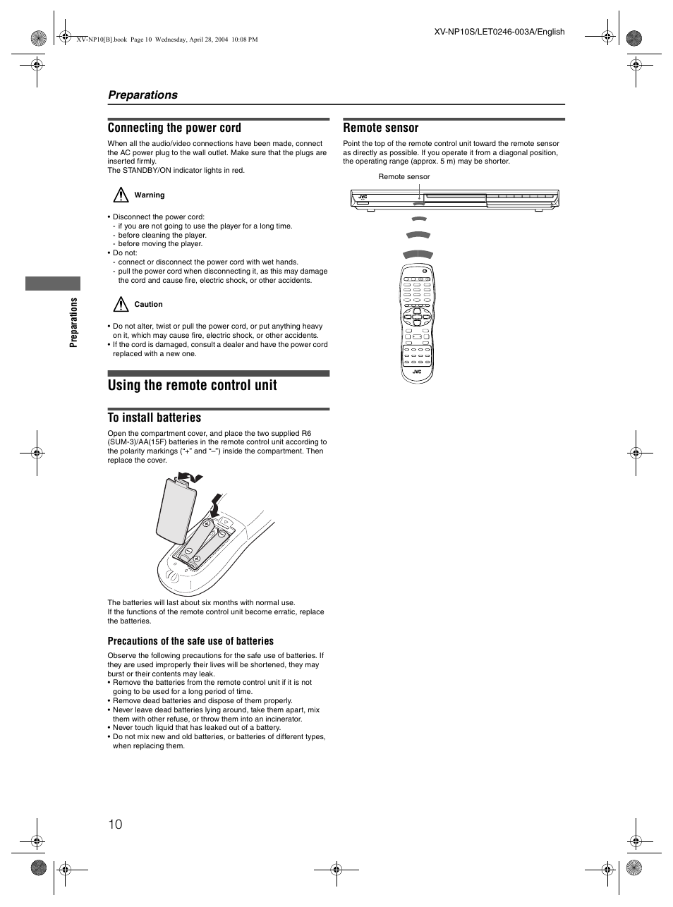 Using the remote control unit, Connecting the power cord, Remote sensor | Preparations | JVC XV-NP10S User Manual | Page 12 / 42
