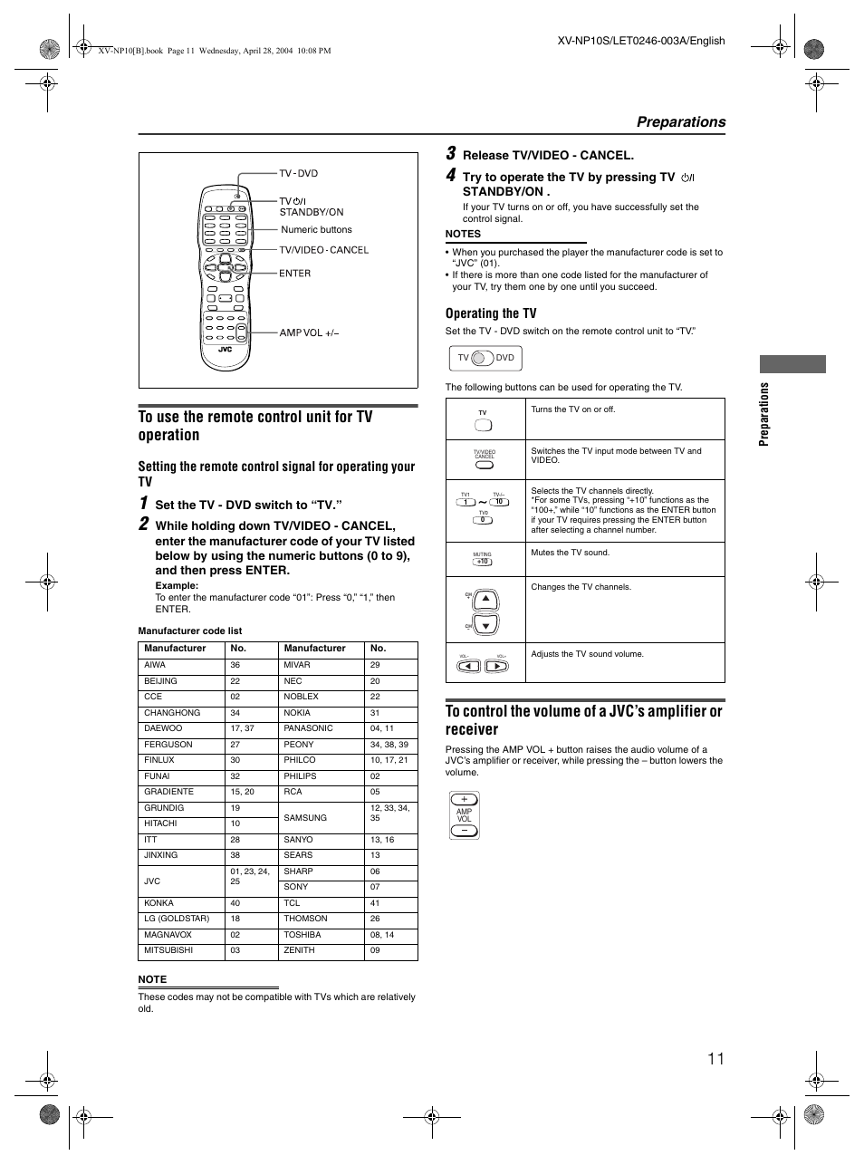 Preparations, Operating the tv | JVC XV-NP10S User Manual | Page 13 / 42