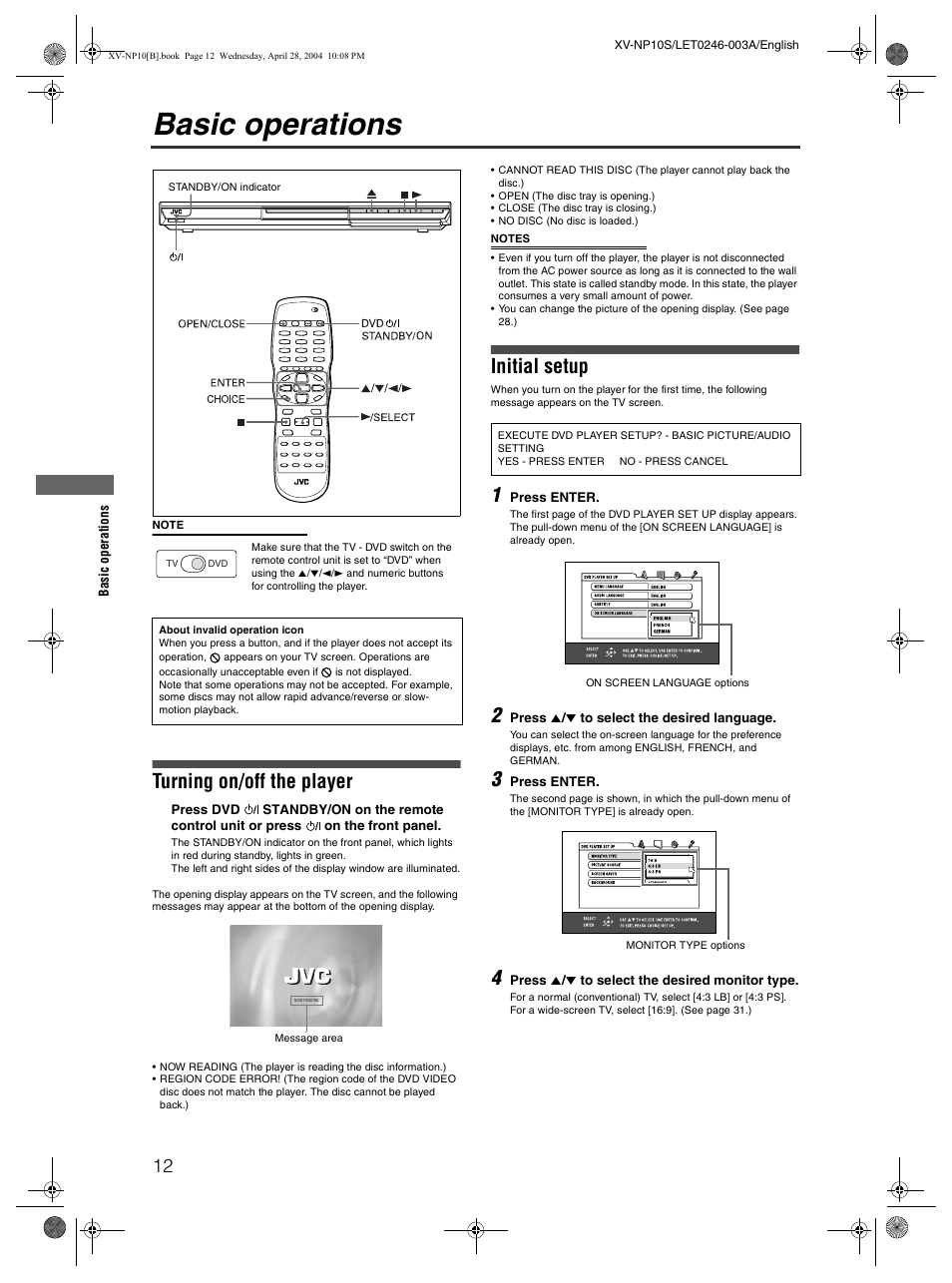 Basic operations, Turning on/off the player, Initial setup | JVC XV-NP10S User Manual | Page 14 / 42