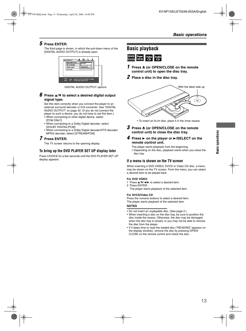 Basic playback 1, Basic operations | JVC XV-NP10S User Manual | Page 15 / 42