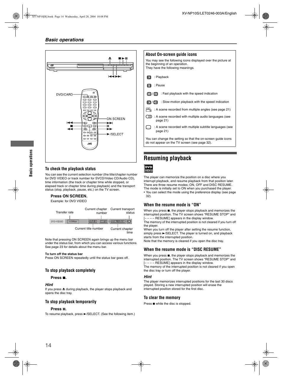Resuming playback, Basic operations | JVC XV-NP10S User Manual | Page 16 / 42