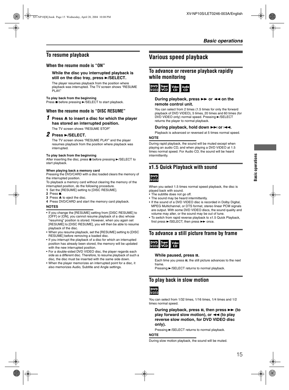 Various speed playback, X1.5 quick playback with sound, Basic operations | JVC XV-NP10S User Manual | Page 17 / 42