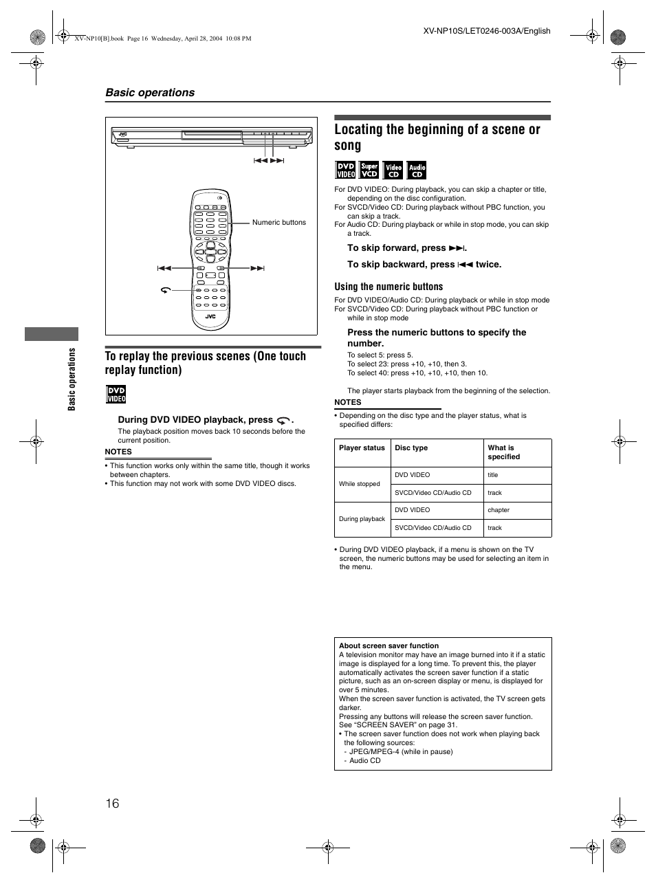 Locating the beginning of a scene or song, Basic operations | JVC XV-NP10S User Manual | Page 18 / 42
