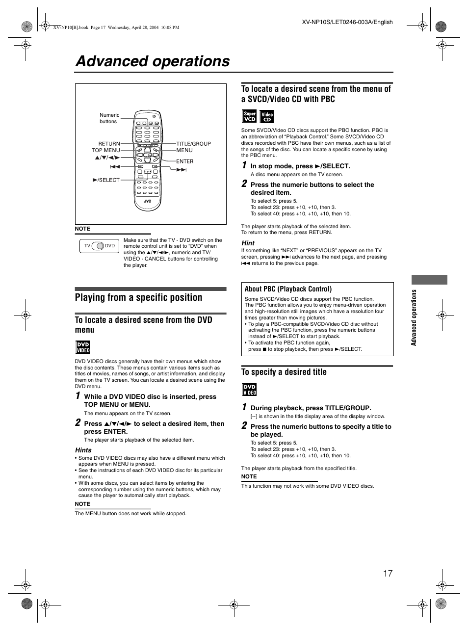 Advanced operations, Playing from a specific position | JVC XV-NP10S User Manual | Page 19 / 42