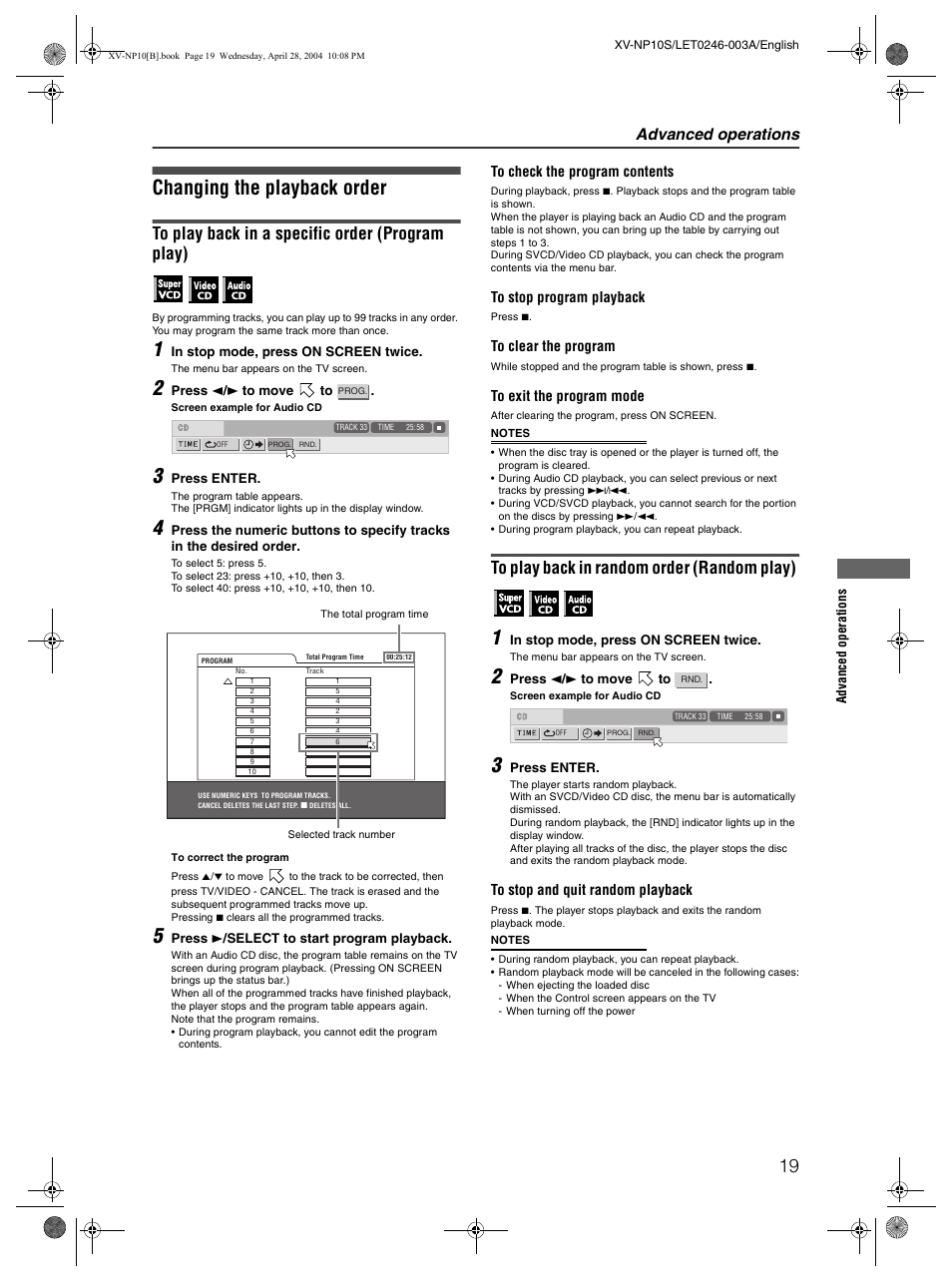 Changing the playback order, Advanced operations | JVC XV-NP10S User Manual | Page 21 / 42