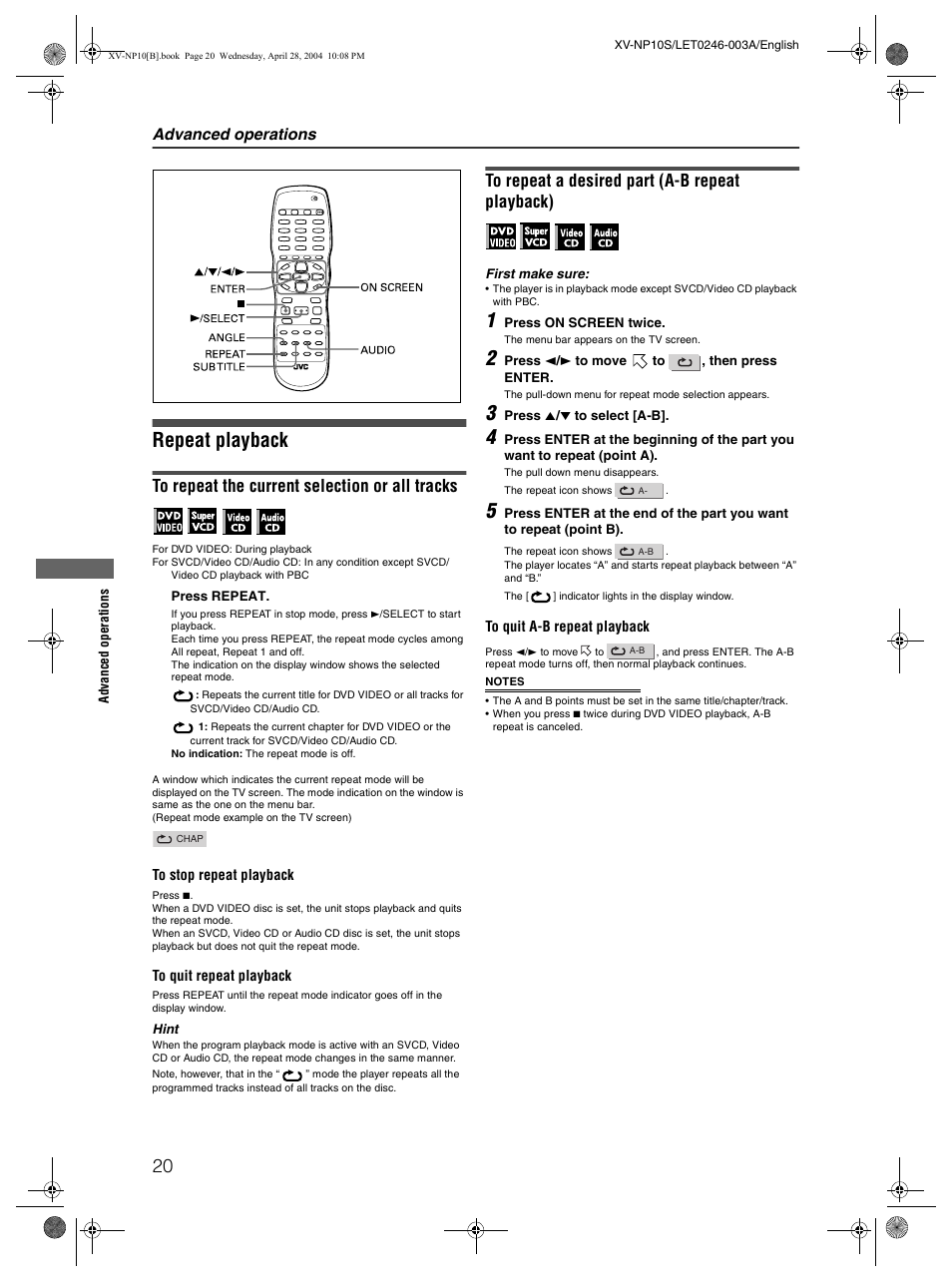 Repeat playback, Advanced operations | JVC XV-NP10S User Manual | Page 22 / 42