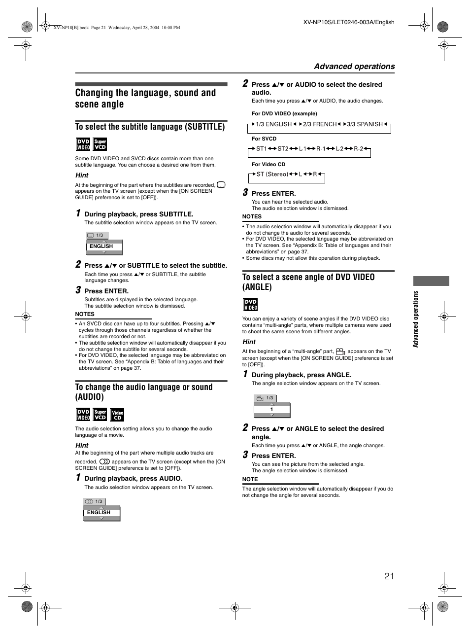 Changing the language, sound and scene angle, Advanced operations | JVC XV-NP10S User Manual | Page 23 / 42