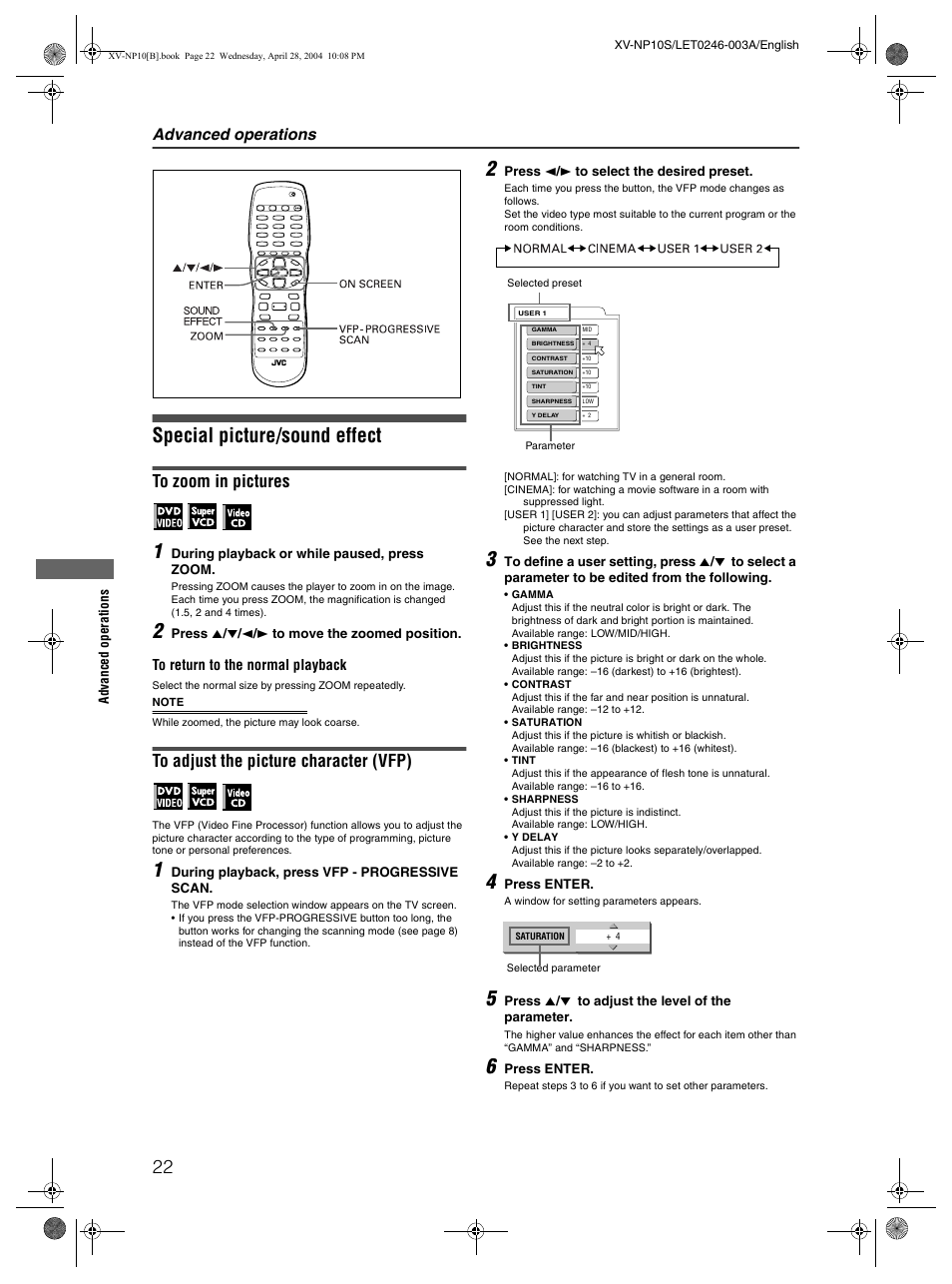 Special picture/sound effect, Advanced operations | JVC XV-NP10S User Manual | Page 24 / 42