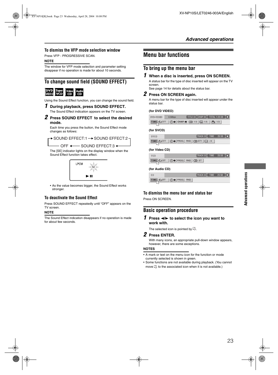 Menu bar functions, Basic operation procedure, Advanced operations | JVC XV-NP10S User Manual | Page 25 / 42