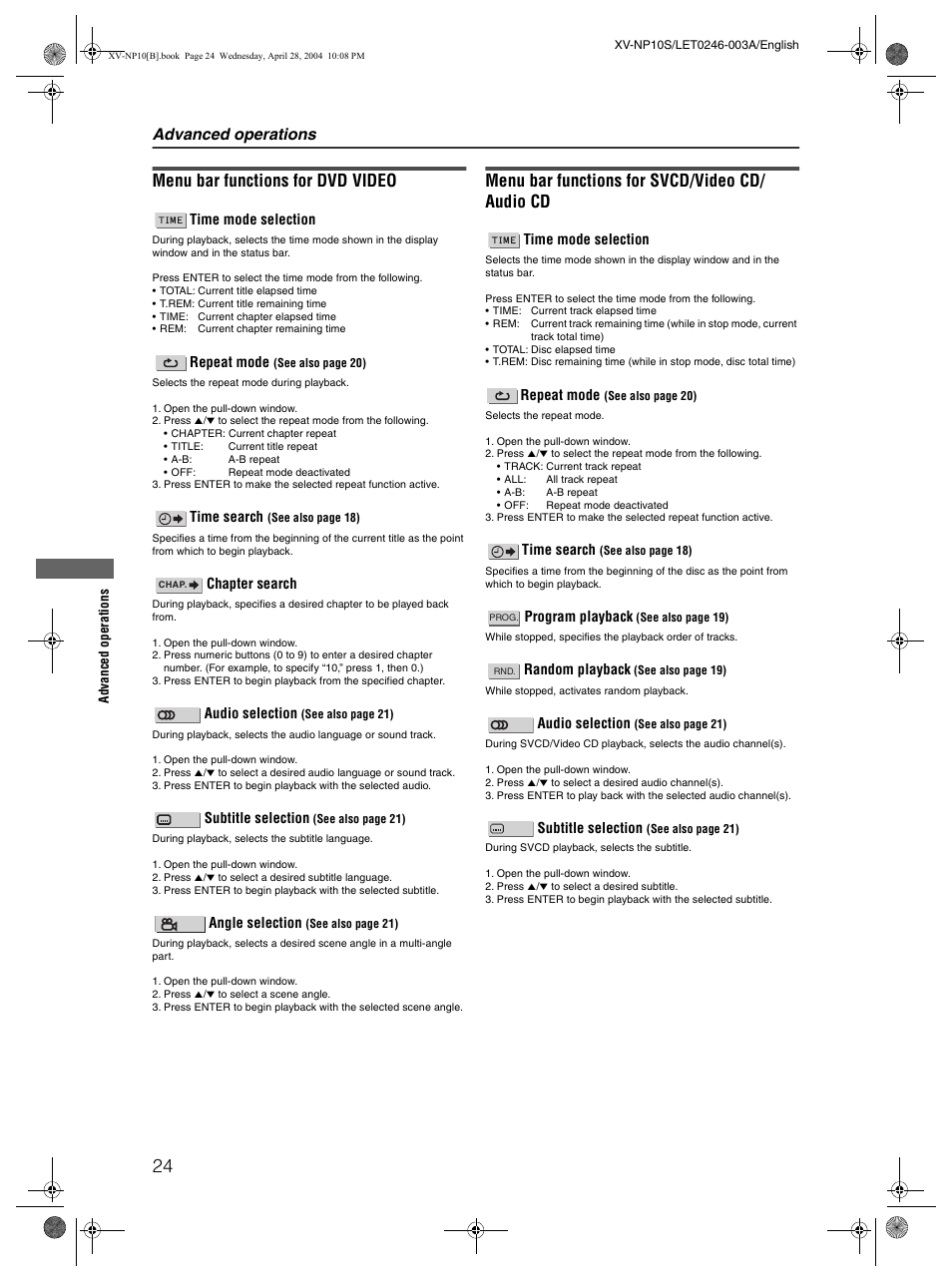 Menu bar functions for dvd video, Menu bar functions for svcd/video cd/ audio cd, Advanced operations | JVC XV-NP10S User Manual | Page 26 / 42