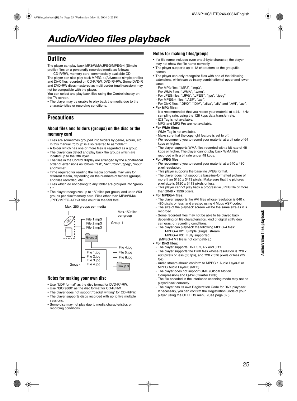 Audio/video files playback, Outline, Precautions | JVC XV-NP10S User Manual | Page 27 / 42