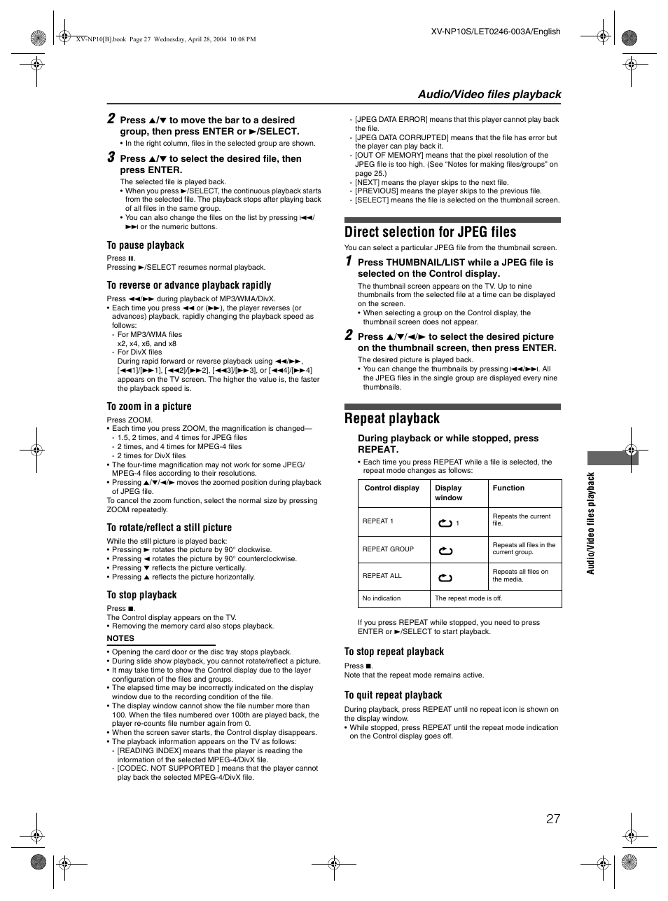 Direct selection for jpeg files, Repeat playback, Audio/video files playback | JVC XV-NP10S User Manual | Page 29 / 42