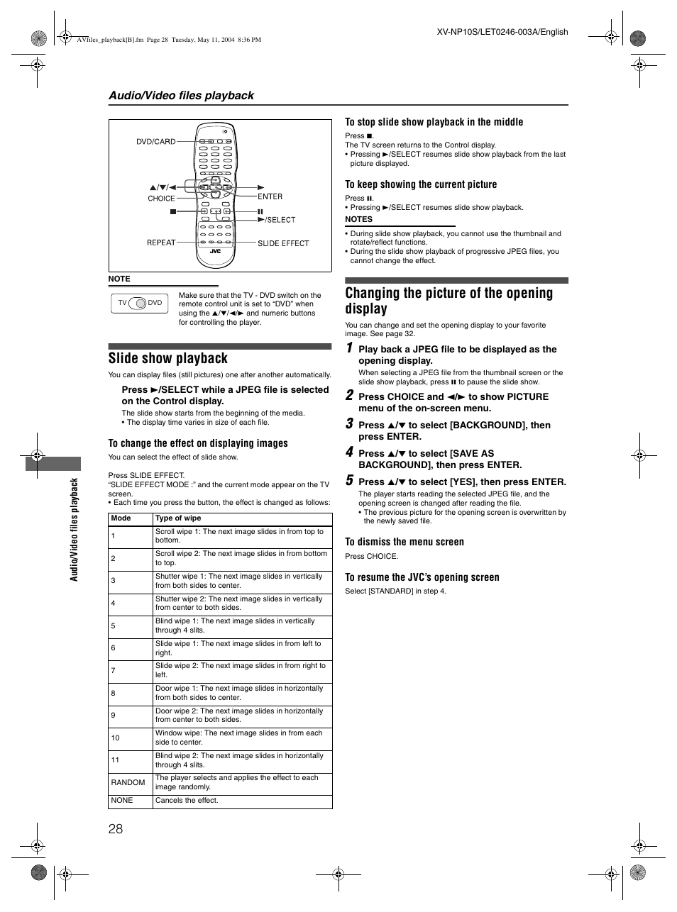 Slide show playback, Changing the picture of the opening display, Audio/video files playback | JVC XV-NP10S User Manual | Page 30 / 42