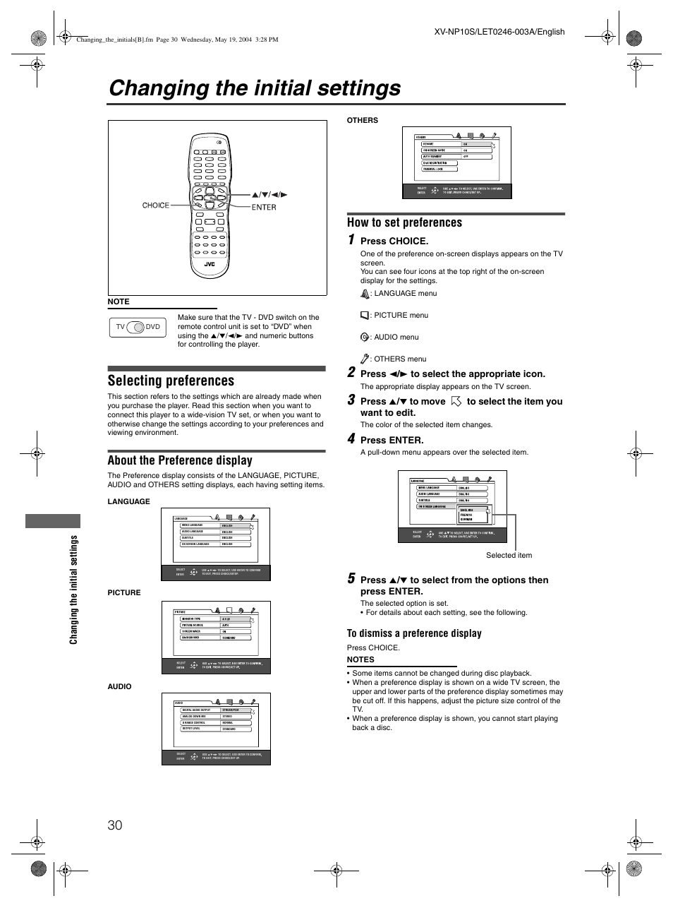Changing the initial settings, Selecting preferences, About the preference display | How to set preferences | JVC XV-NP10S User Manual | Page 32 / 42