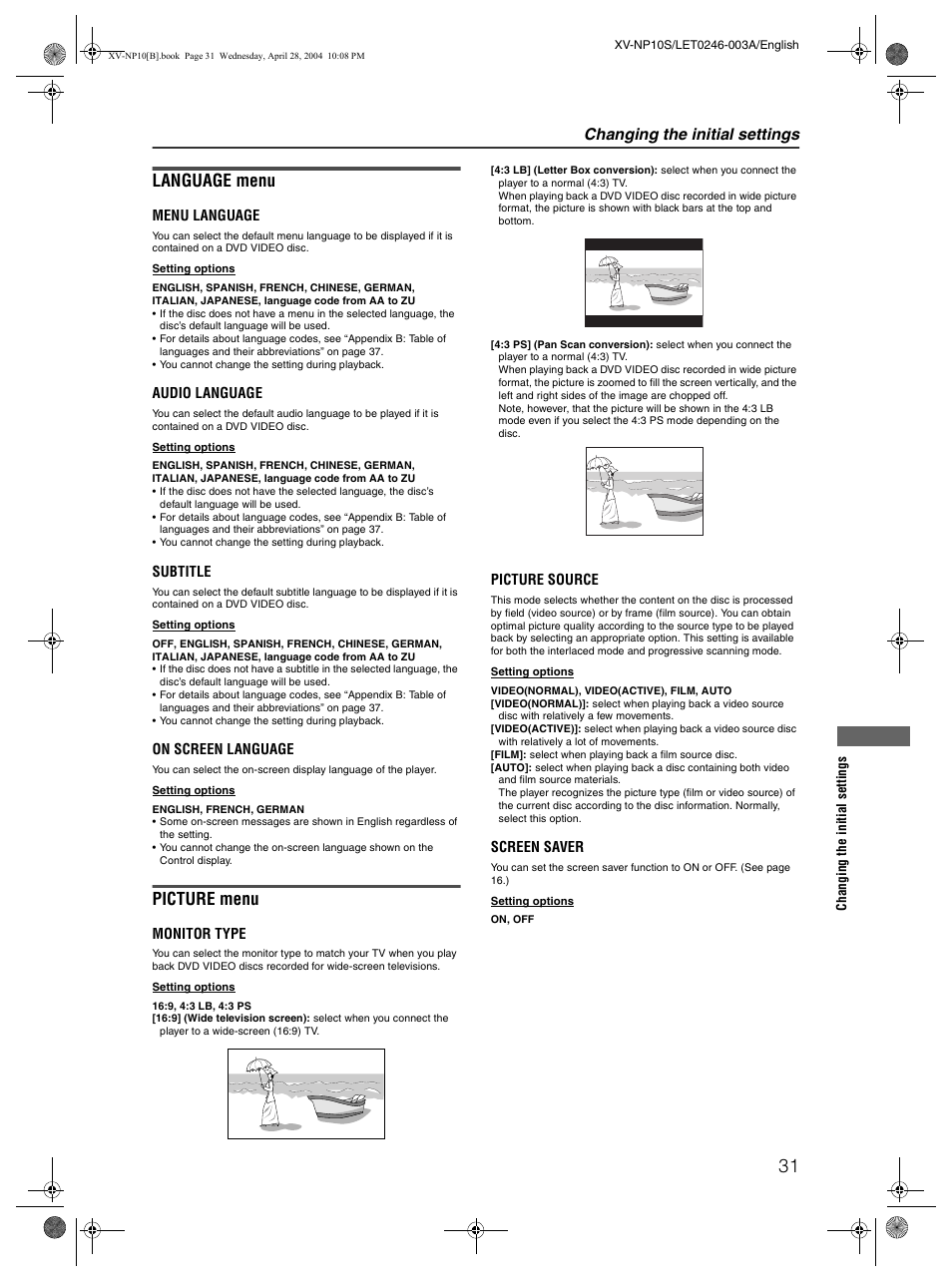 Language menu, Picture menu, Changing the initial settings | JVC XV-NP10S User Manual | Page 33 / 42