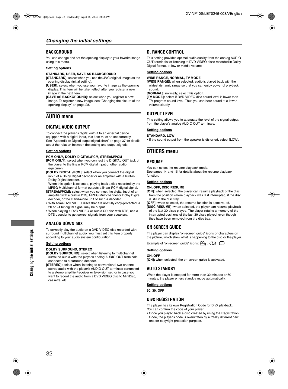 Audio menu, Others menu, Changing the initial settings | JVC XV-NP10S User Manual | Page 34 / 42