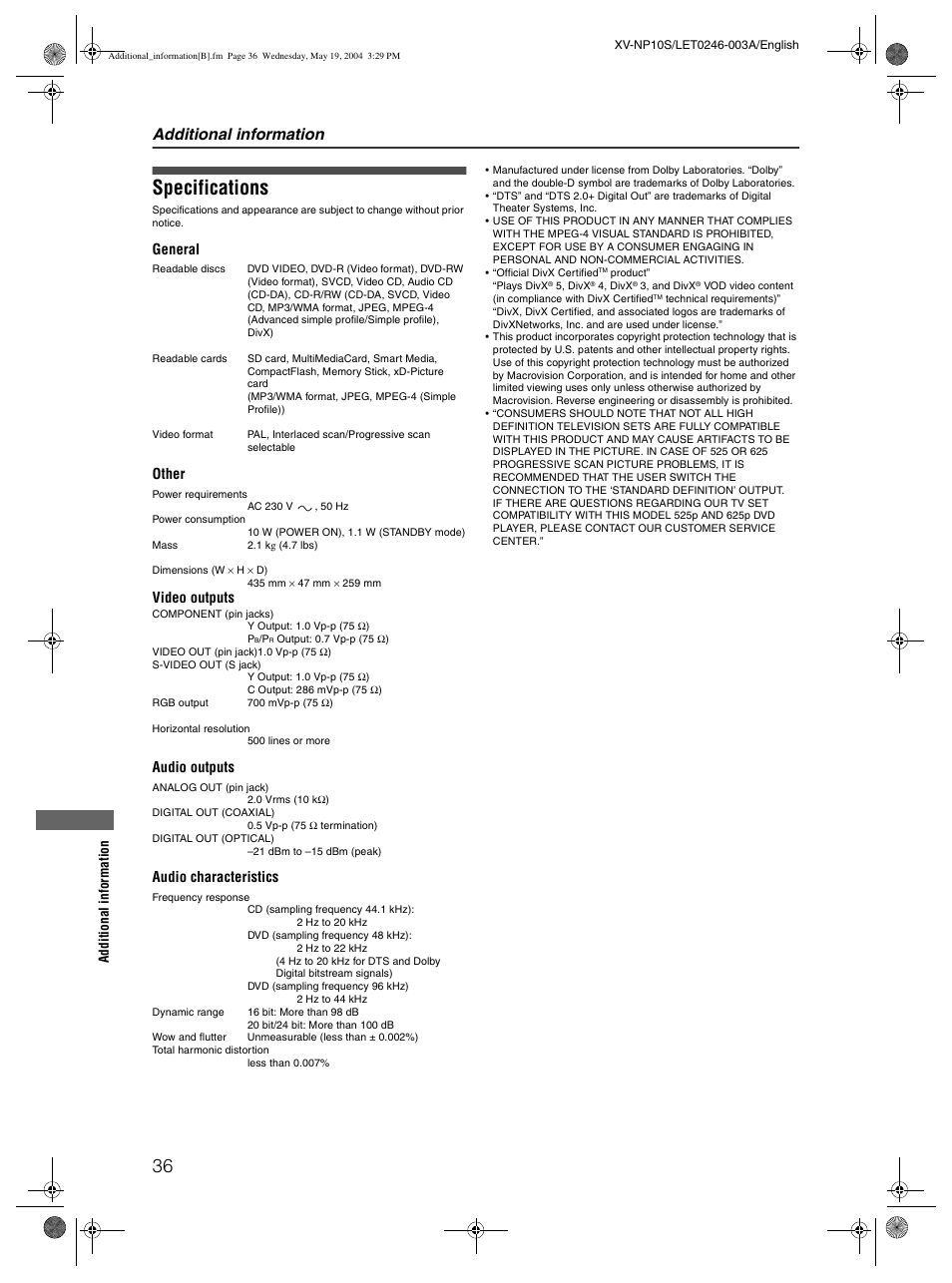 Specifications, Additional information, General | Other, Video outputs, Audio outputs, Audio characteristics | JVC XV-NP10S User Manual | Page 38 / 42