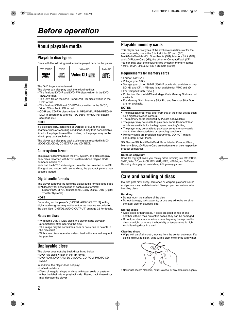 Before operation, About playable media, Care and handling of discs | Playable disc types, Unplayable discs | JVC XV-NP10S User Manual | Page 4 / 42