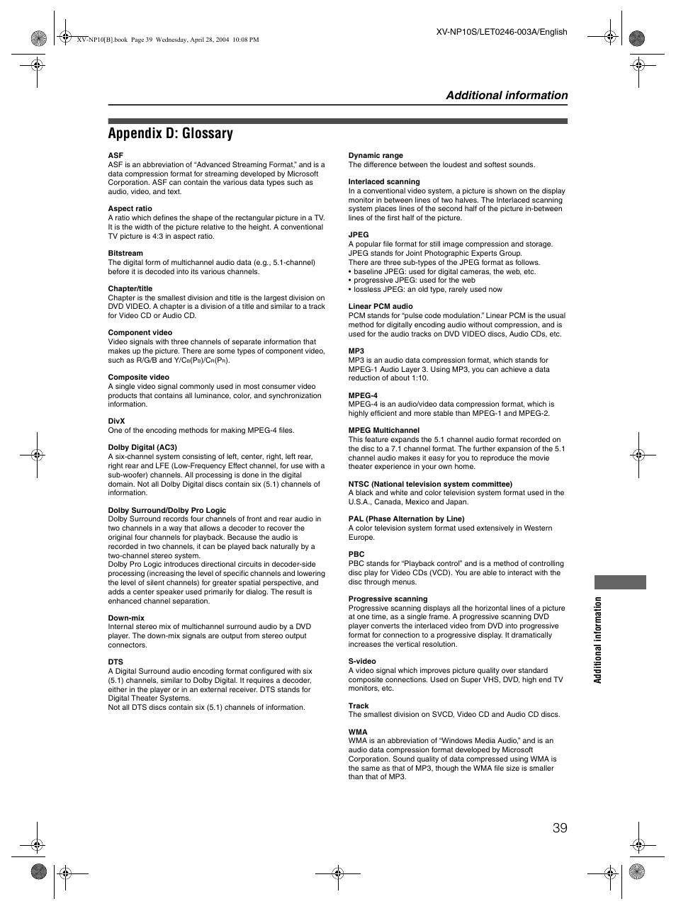 Appendix d: glossary, Additional information | JVC XV-NP10S User Manual | Page 41 / 42