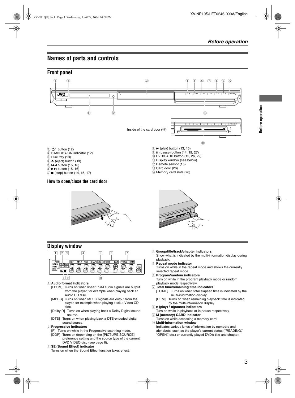 Names of parts and controls, Front panel, Display window | Before operation | JVC XV-NP10S User Manual | Page 5 / 42