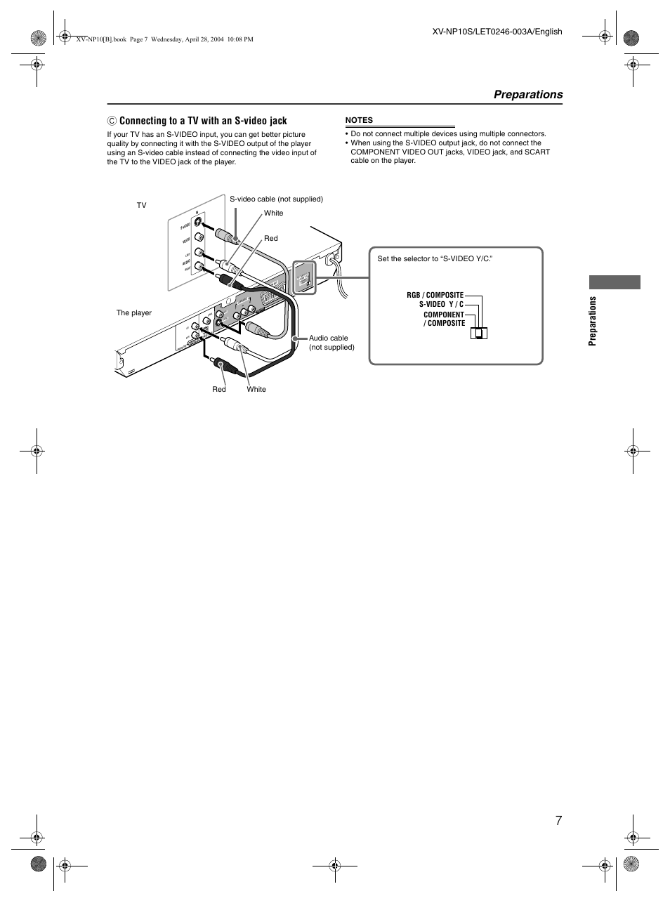 Preparations, C connecting to a tv with an s-video jack, Prep ara ti o ns | JVC XV-NP10S User Manual | Page 9 / 42