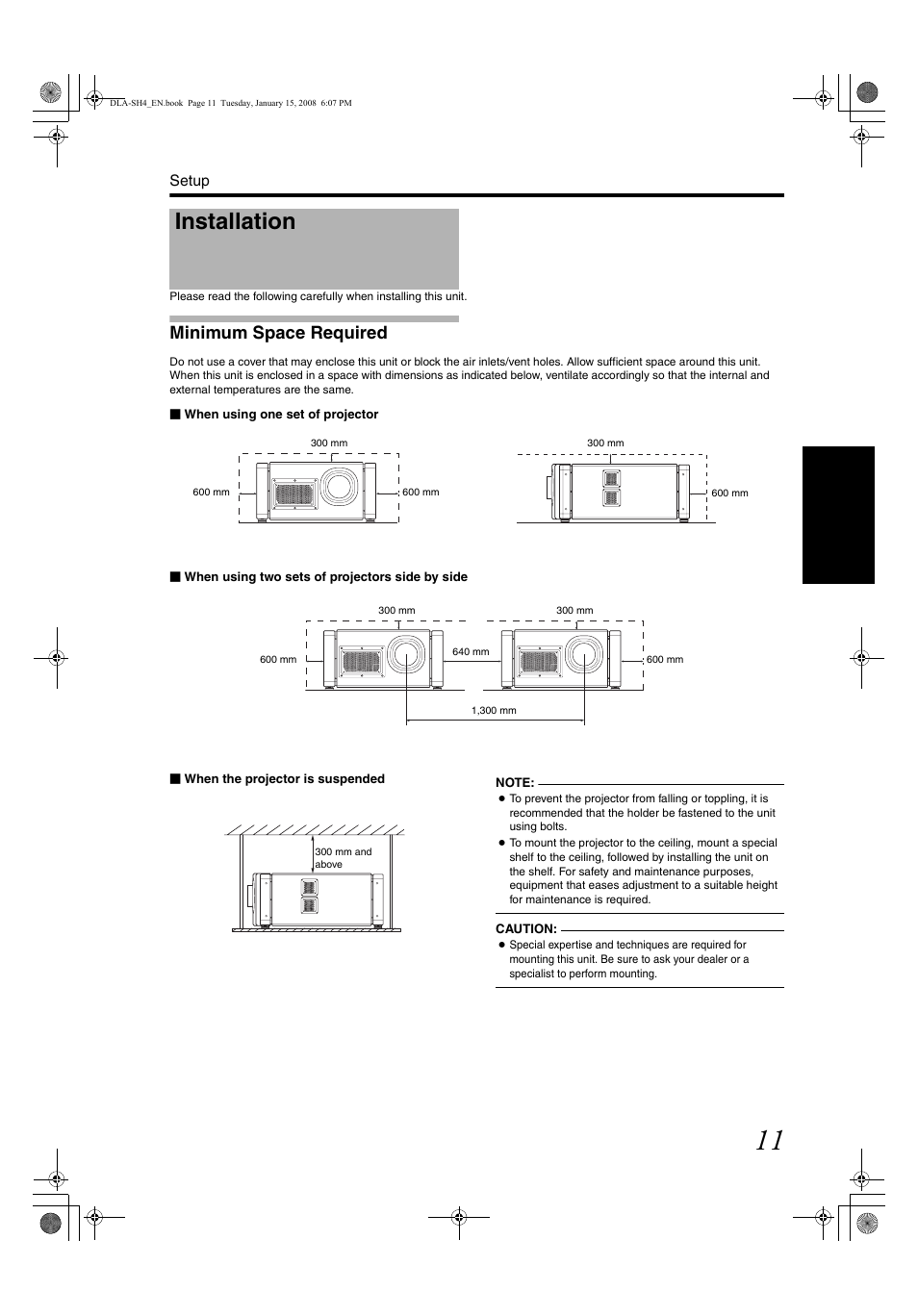 Setup, Installation, Connection and installation | Etup, Minimum space required | JVC DLA-SH4KNL User Manual | Page 11 / 100
