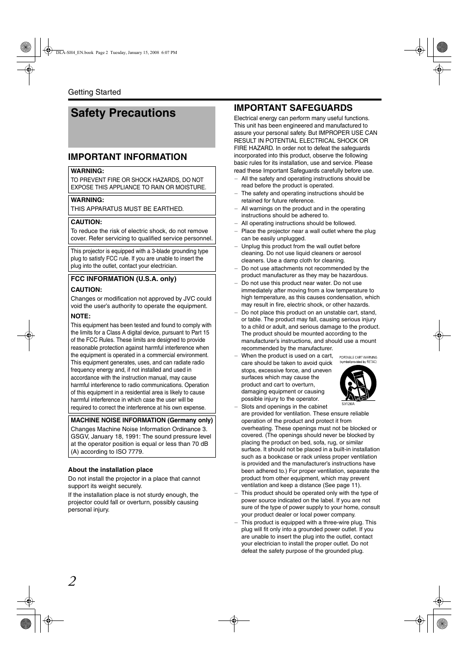 Getting started, Safety precautions, Important information | Important safeguards | JVC DLA-SH4KNL User Manual | Page 2 / 100
