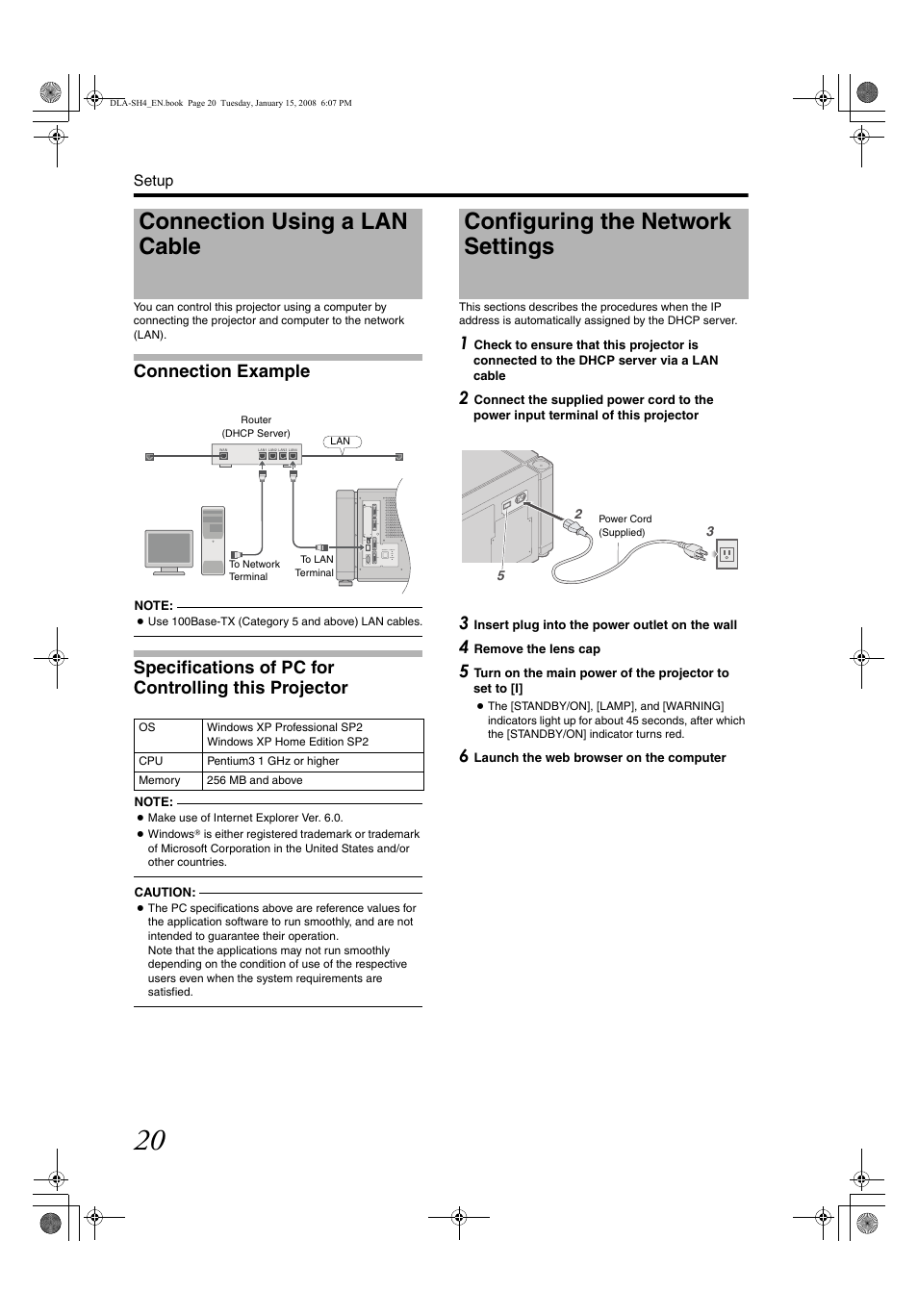 Connection using a lan cable, Configuring the network settings, Connection example | JVC DLA-SH4KNL User Manual | Page 20 / 100