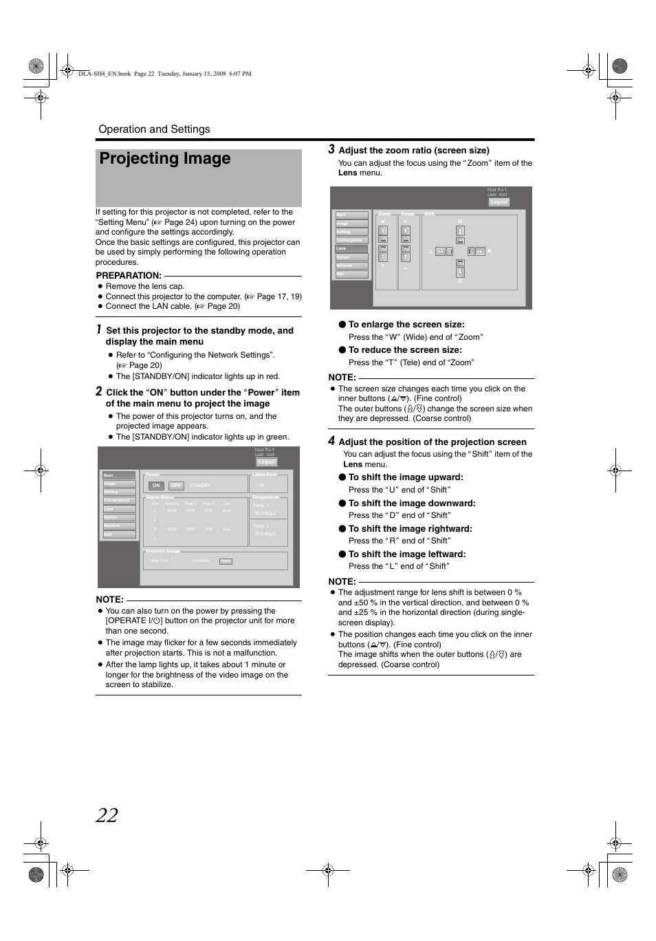 Operation and settings, Projecting image, Setti | Preparation, Adjust the zoom ratio (screen size), Adjust the position of the projection screen | JVC DLA-SH4KNL User Manual | Page 22 / 100