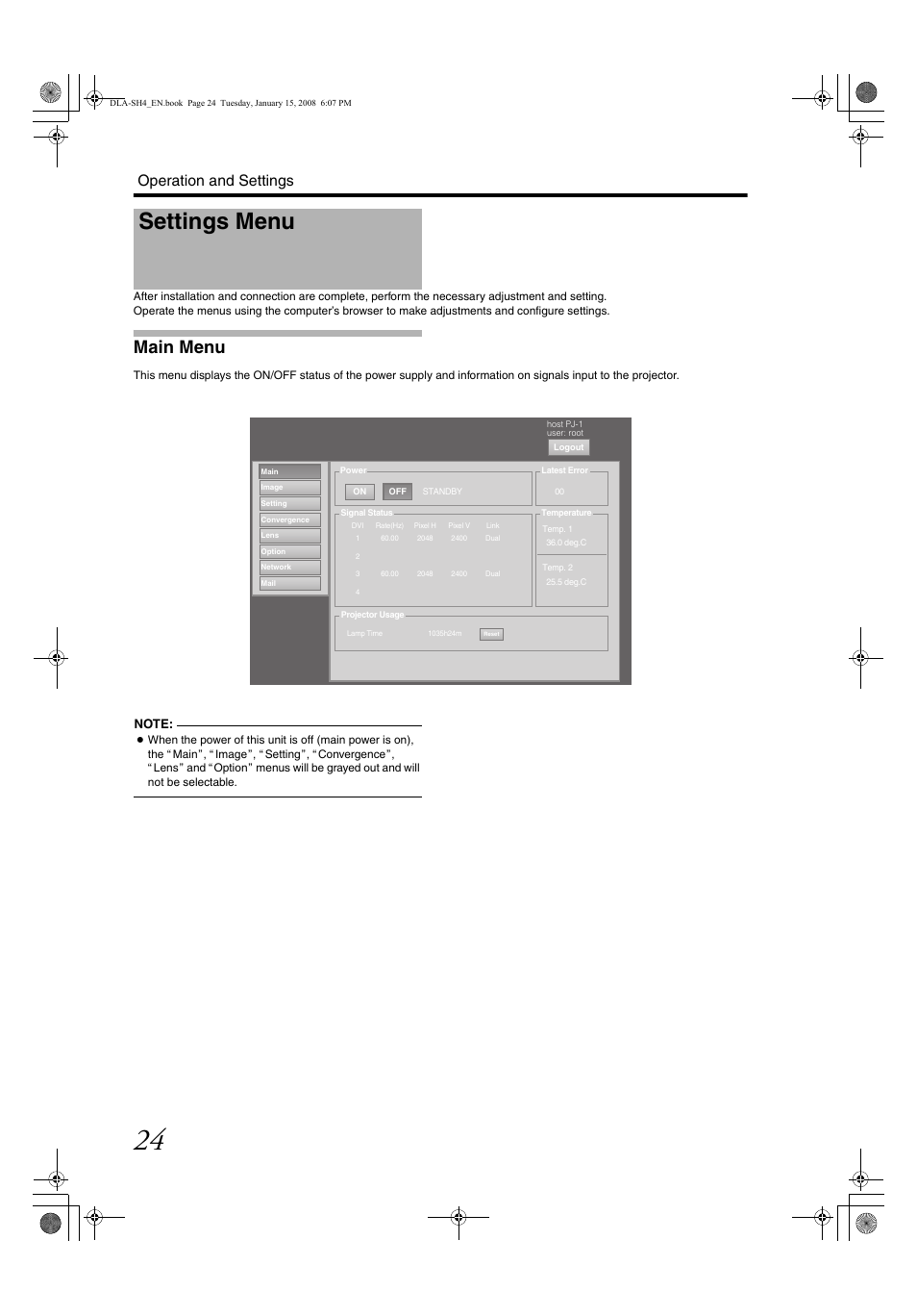 Settings menu, Main menu, Main men u | Operation and settings | JVC DLA-SH4KNL User Manual | Page 24 / 100