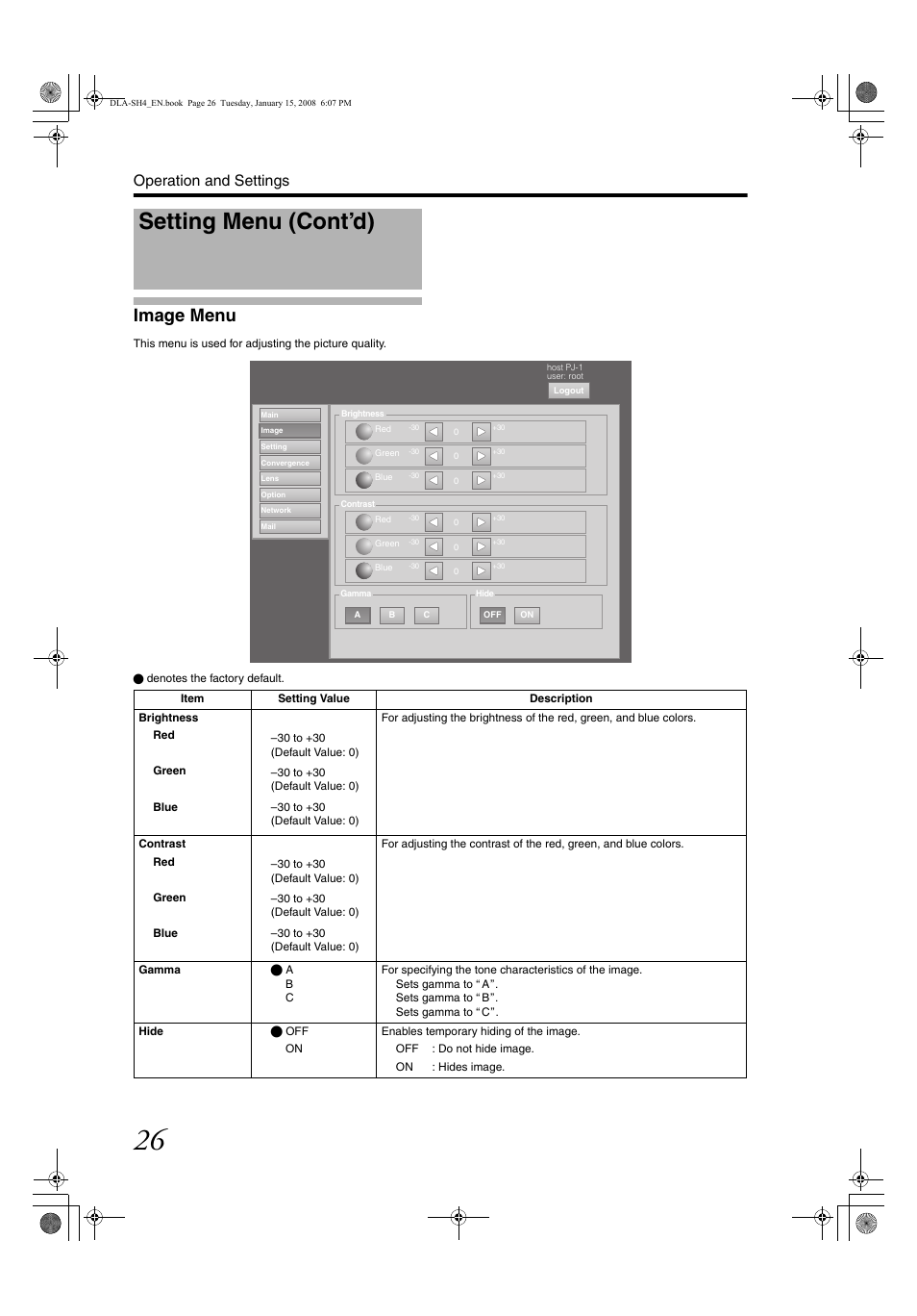 Image menu, Setting menu (cont’d), Image men u | Operation and settings | JVC DLA-SH4KNL User Manual | Page 26 / 100