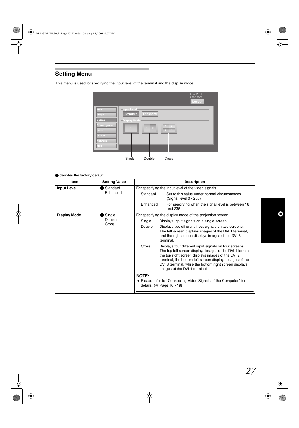 Setting menu, Setting men u | JVC DLA-SH4KNL User Manual | Page 27 / 100