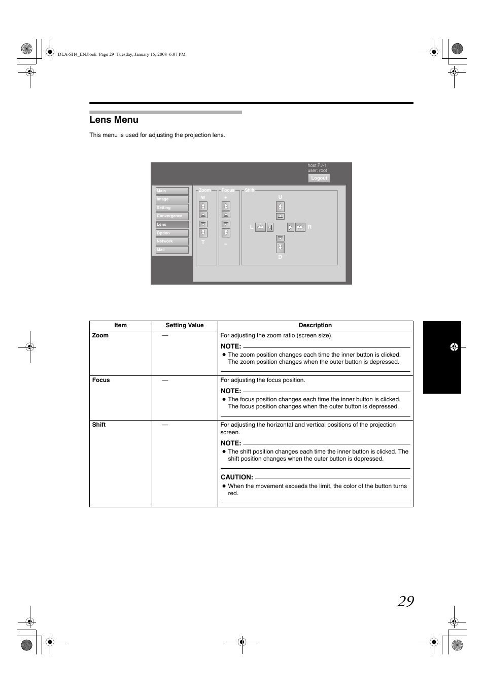 Lens menu, Lens men u | JVC DLA-SH4KNL User Manual | Page 29 / 100