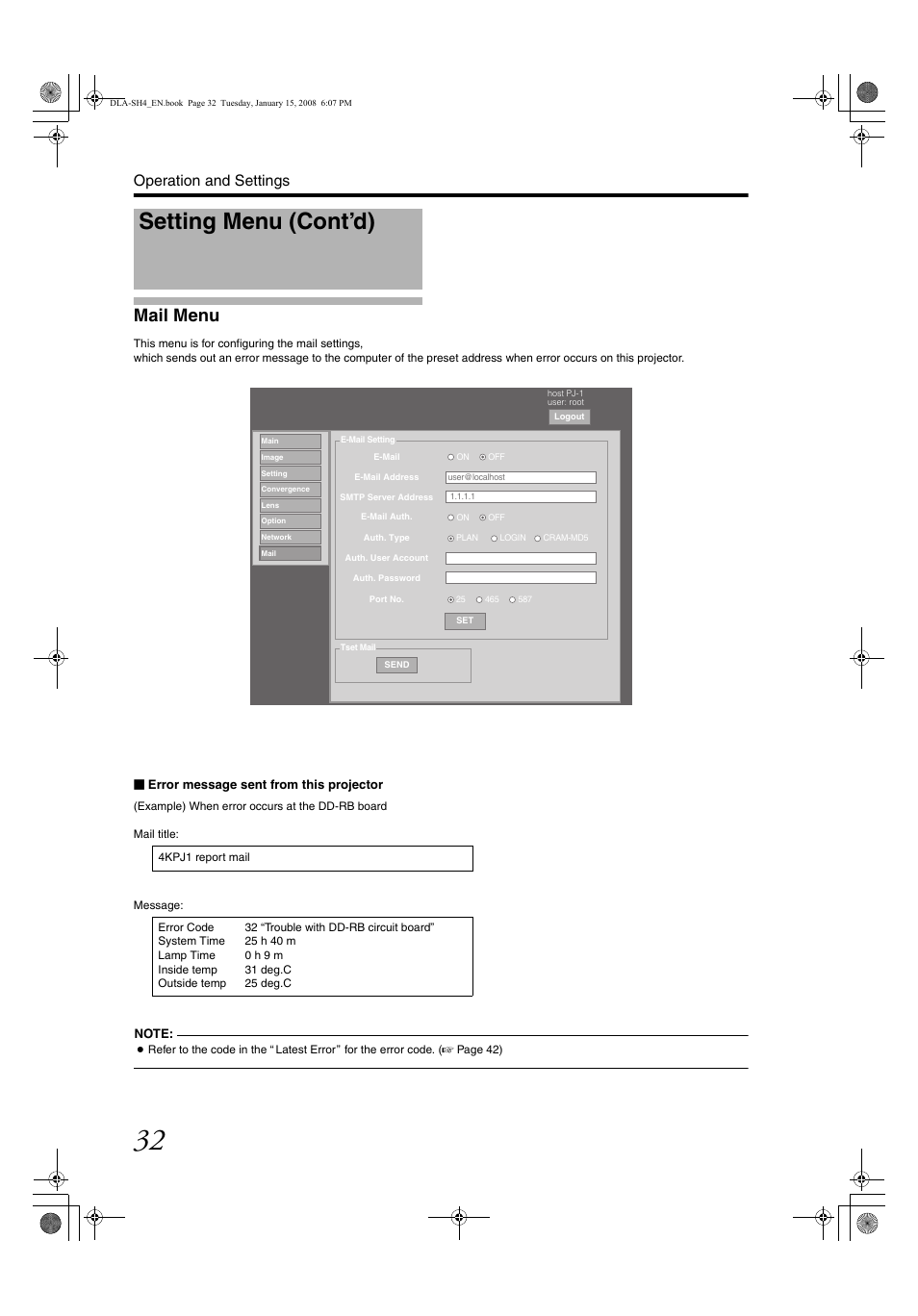 Mail menu, Setting menu (cont’d), Mail men u | Operation and settings | JVC DLA-SH4KNL User Manual | Page 32 / 100