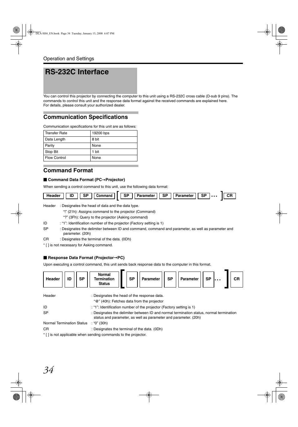 Rs-232c interface, Communication specifications, Command format | JVC DLA-SH4KNL User Manual | Page 34 / 100