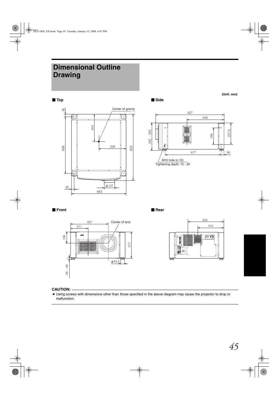 Dimensional outline drawing | JVC DLA-SH4KNL User Manual | Page 45 / 100