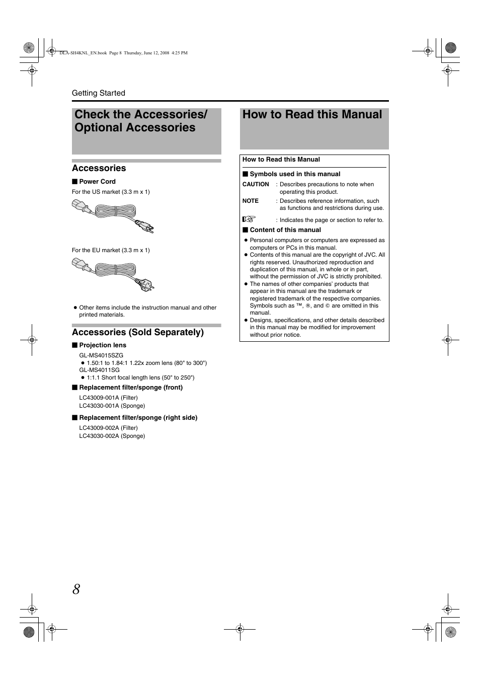 Check the accessories/ optional accessories, How to read this manual, Check the accessories/optional accessories | Accessories, Accessories (sold separately) | JVC DLA-SH4KNL User Manual | Page 56 / 100