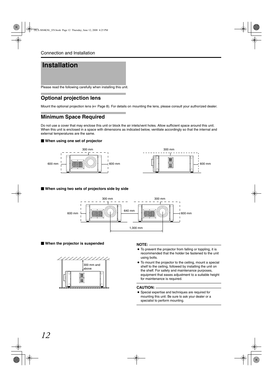 Optional projection lens, Minimum space required, Installation | JVC DLA-SH4KNL User Manual | Page 60 / 100